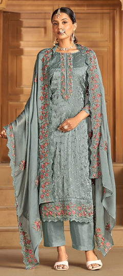 Black and Grey color Salwar Kameez in Chiffon fabric with Embroidered, Sequence, Thread work