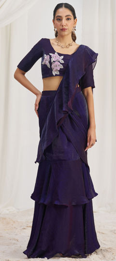 Purple and Violet color Readymade Saree in Organza Silk fabric with Cut Dana, Thread work