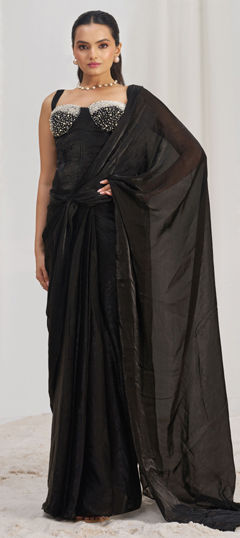 Black and Grey color Readymade Saree in Organza Silk fabric with Cut Dana, Thread work