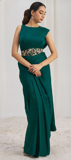 Green color Readymade Saree in Organza Silk fabric with Cut Dana, Thread work