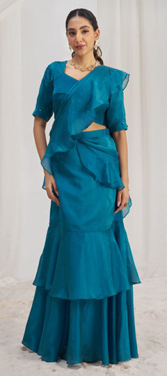 Blue color Readymade Saree in Organza Silk fabric with Cut Dana, Thread work