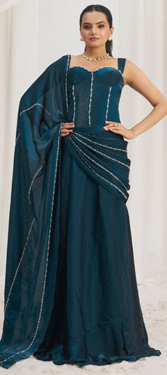 Blue color Readymade Saree in Organza Silk fabric with Cut Dana, Thread work