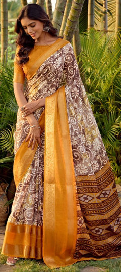 Beige and Brown color Saree in Art Silk fabric with Printed, Weaving work