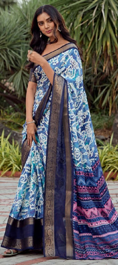 Blue color Saree in Art Silk fabric with Printed, Weaving work