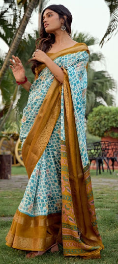 Blue color Saree in Art Silk fabric with Printed, Weaving work