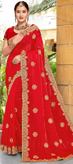 Red and Maroon color Saree in Silk fabric with Embroidered, Swarovski, Zari work