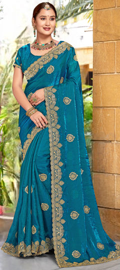 Blue color Saree in Silk fabric with Embroidered, Swarovski, Zari work