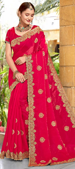 Pink and Majenta color Saree in Silk fabric with Embroidered, Swarovski, Zari work