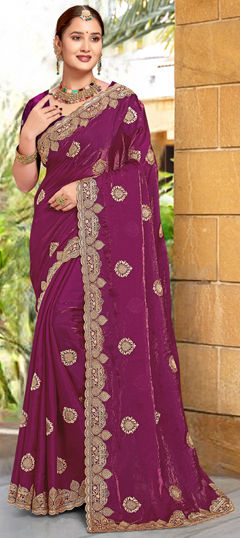 Purple and Violet color Saree in Silk fabric with Embroidered, Swarovski, Zari work