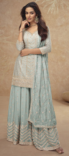 Blue color Salwar Kameez in Silk fabric with Embroidered, Sequence, Thread work
