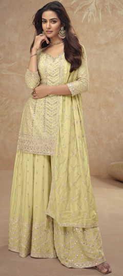 Yellow color Salwar Kameez in Silk fabric with Embroidered, Sequence, Thread work