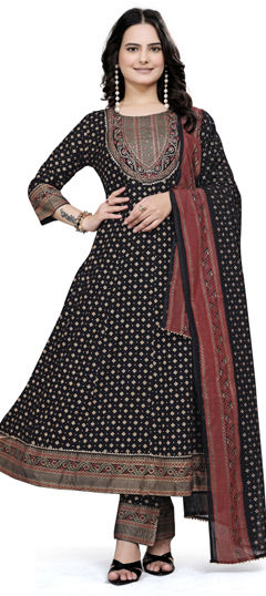 Black and Grey color Salwar Kameez in Cotton fabric with Embroidered, Thread work