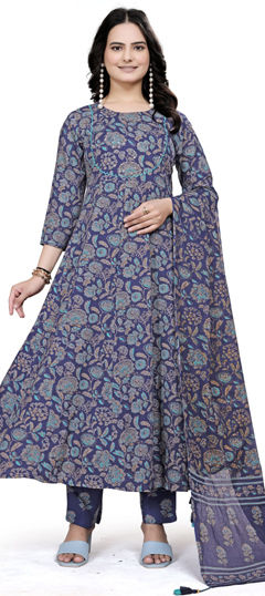Blue color Salwar Kameez in Cotton fabric with Printed work