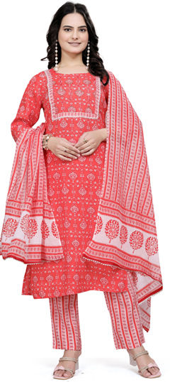 Orange color Salwar Kameez in Cotton fabric with Gota Patti, Lace, Printed work