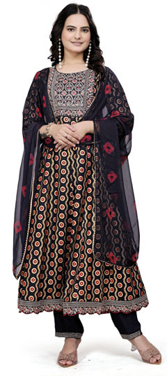 Black and Grey color Salwar Kameez in Cotton fabric with Embroidered, Printed work