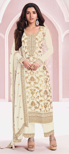White and Off White color Salwar Kameez in Viscose fabric with Embroidered, Thread, Weaving, Zari work