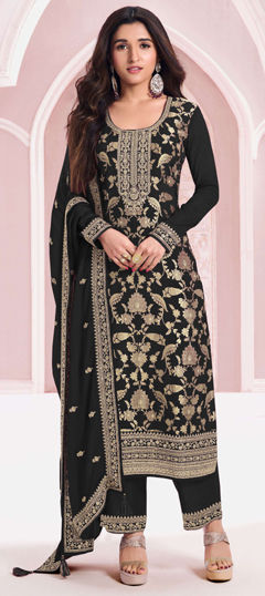 Black and Grey color Salwar Kameez in Viscose fabric with Embroidered, Thread, Weaving, Zari work