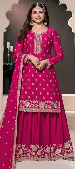 Pink and Majenta color Salwar Kameez in Silk fabric with Embroidered, Sequence, Stone, Thread work