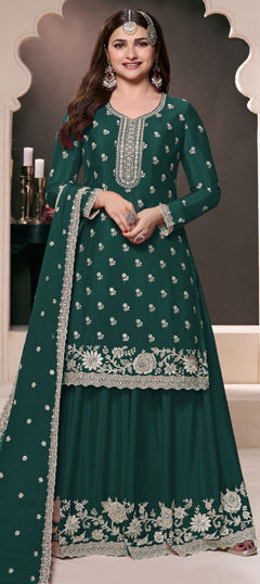 Green color Salwar Kameez in Silk fabric with Embroidered, Sequence, Stone, Thread work