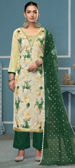 Beige and Brown color Salwar Kameez in Viscose fabric with Embroidered, Floral, Printed, Thread work