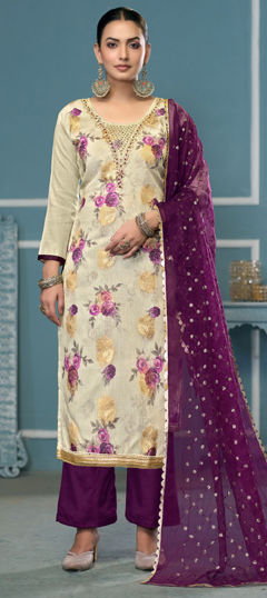 Beige and Brown color Salwar Kameez in Viscose fabric with Embroidered, Floral, Printed, Thread work