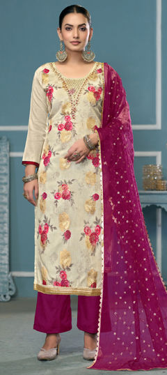 Beige and Brown color Salwar Kameez in Viscose fabric with Embroidered, Floral, Printed, Thread work