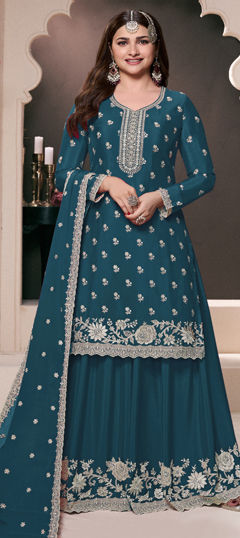 Blue color Salwar Kameez in Silk fabric with Embroidered, Sequence, Stone, Thread work