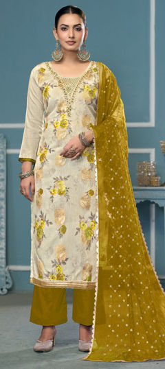 Beige and Brown color Salwar Kameez in Viscose fabric with Embroidered, Floral, Printed, Thread work