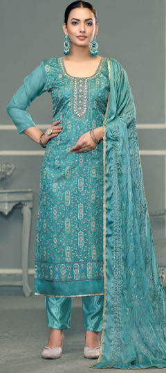 Blue color Salwar Kameez in Viscose fabric with Embroidered, Floral, Printed, Thread work