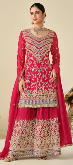 Red and Maroon color Salwar Kameez in Silk fabric with Embroidered, Sequence, Thread work