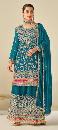 Blue color Salwar Kameez in Silk fabric with Embroidered, Sequence, Thread work
