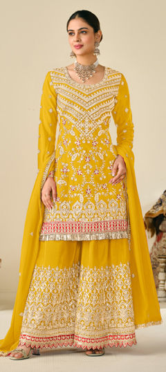 Yellow color Salwar Kameez in Silk fabric with Embroidered, Sequence, Thread work