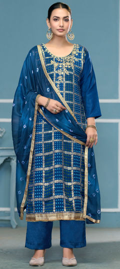 Blue color Salwar Kameez in Cotton fabric with Bandhej, Embroidered, Printed, Sequence, Weaving work
