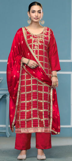 Red and Maroon color Salwar Kameez in Cotton fabric with Bandhej, Embroidered, Printed, Sequence, Weaving work
