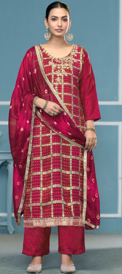Purple and Violet color Salwar Kameez in Cotton fabric with Bandhej, Embroidered, Printed, Sequence, Weaving work
