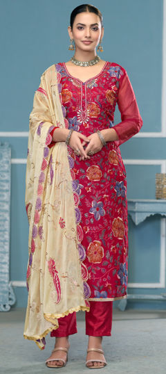 Beige and Brown color Salwar Kameez in Organza Silk fabric with Embroidered, Resham, Sequence, Thread work