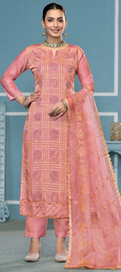 Pink and Majenta color Salwar Kameez in Cotton fabric with Gota Patti, Printed, Sequence work