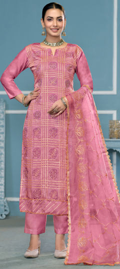 Pink and Majenta color Salwar Kameez in Cotton fabric with Gota Patti, Printed, Sequence work