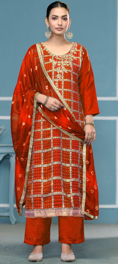 Orange color Salwar Kameez in Cotton fabric with Bandhej, Embroidered, Printed, Sequence, Weaving work