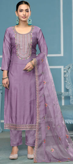 Purple and Violet color Salwar Kameez in Cotton fabric with Embroidered, Resham, Sequence, Thread work