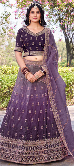 Purple and Violet color Lehenga in Crushed Silk fabric with Embroidered, Sequence, Thread work