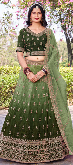 Green color Lehenga in Crushed Silk fabric with Embroidered, Sequence, Thread work