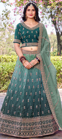 Green color Lehenga in Crushed Silk fabric with Embroidered, Sequence, Thread work