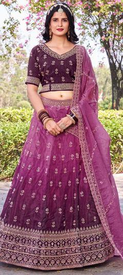 Pink and Majenta color Lehenga in Crushed Silk fabric with Embroidered, Sequence, Thread work