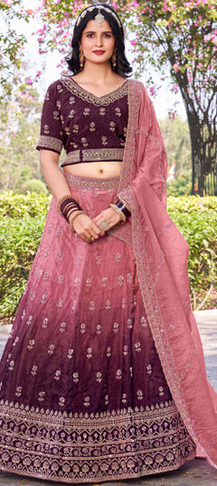 Pink and Majenta, Purple and Violet color Lehenga in Crushed Silk fabric with Embroidered, Sequence, Thread work