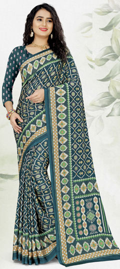 Blue color Saree in Crepe Silk fabric with Printed work