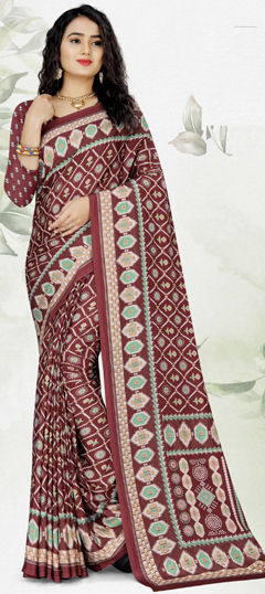 Red and Maroon color Saree in Crepe Silk fabric with Printed work