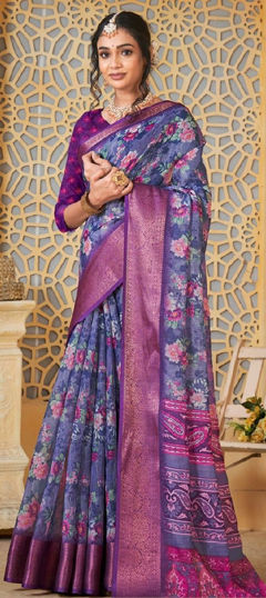 Blue color Saree in Linen fabric with Floral, Printed work