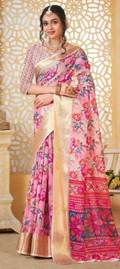 Pink and Majenta color Saree in Linen fabric with Floral, Printed work