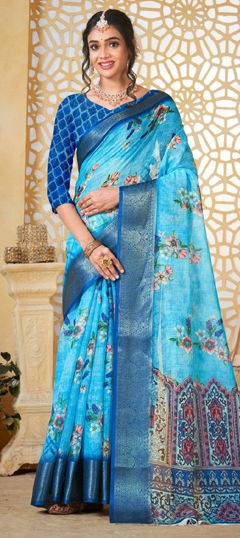 Blue color Saree in Linen fabric with Floral, Printed work